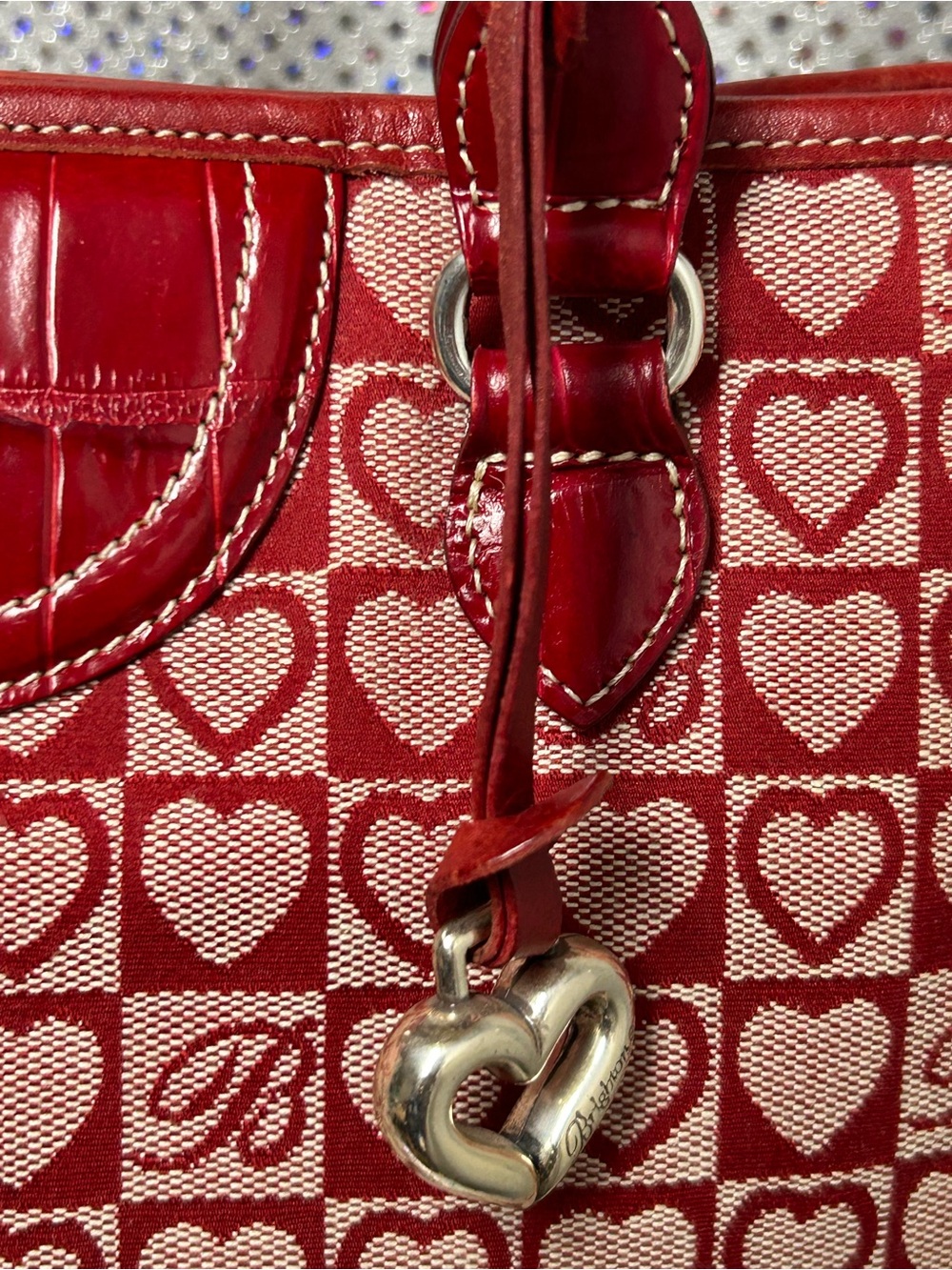 Brighton Red Heart Pattern Canvas and Leather Tote Bag Approx 15 x 9 x 4 - Picture 6 of 17